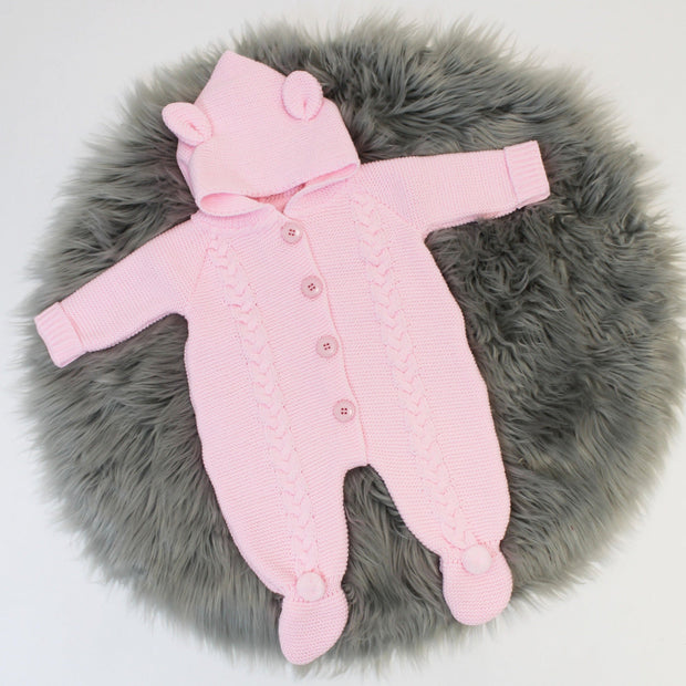 Pink Knitted Teddy Bear Pram Suit