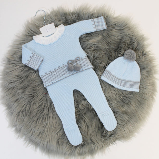 Baby Blue & Grey Knitted Outfit with Hat