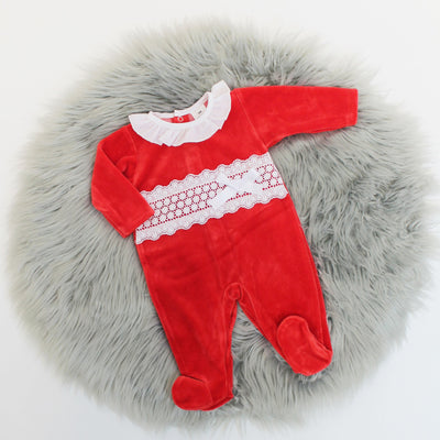 Red Frill Collar Velour Sleepsuit (Can be Personalised)