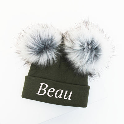 Khaki Double Faux Fur Pom Hat (With or Without Personalisation)