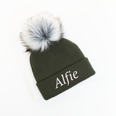 Khaki Single Faux Fur Pom Hat (With or Without Personalisation)