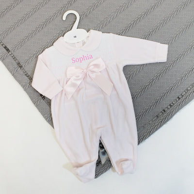 Pink Bow Smocked Velour Sleepsuit (Can be Personalised)
