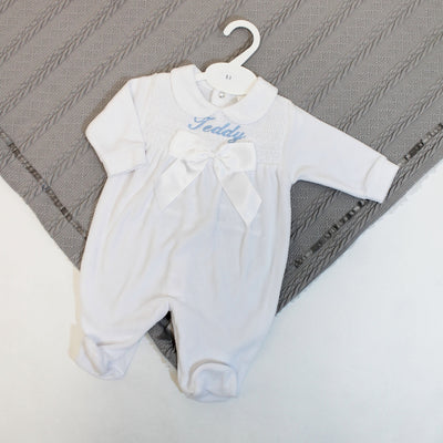White Bow Smocked Velour Sleepsuit (Can be Personalised)