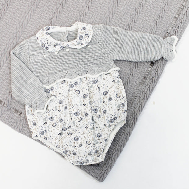 Grey Floral Knit Frill Collar Romper
