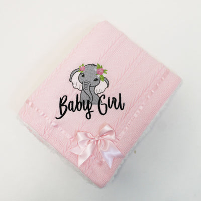 'Baby Girl' Animal Chevron Knit & Satin Bow Personalised Blanket - Various Animals & Colour Blankets