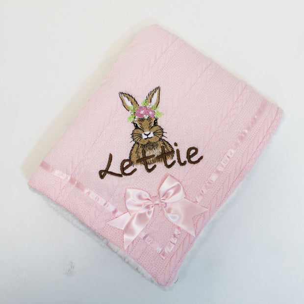 Beige floral Bunny Chevron Knit & Satin Bow Personalised Blanket - Various Coloured Blankets