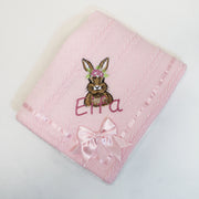 Beige floral Bunny Chevron Knit & Satin Bow Personalised Blanket - Various Coloured Blankets