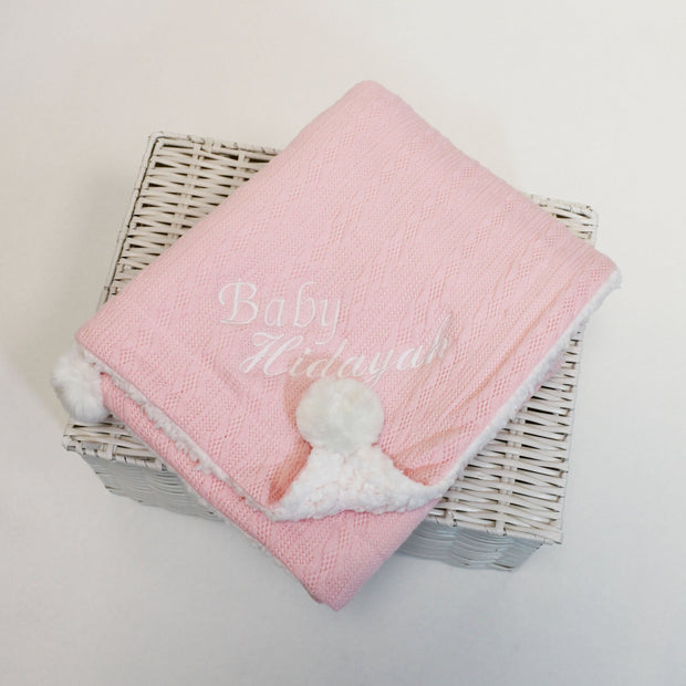 'Baby & Name' Personalised Embroidered Pom Blanket - Various Coloured Blankets