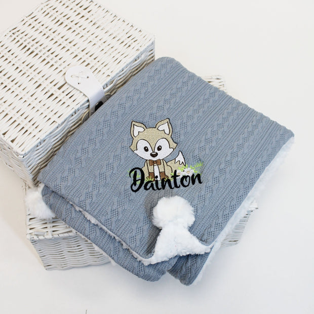 Beige Fox with Bow Tie Pom Chevron Knit POM Personalised Blanket - Various Colour Blankets