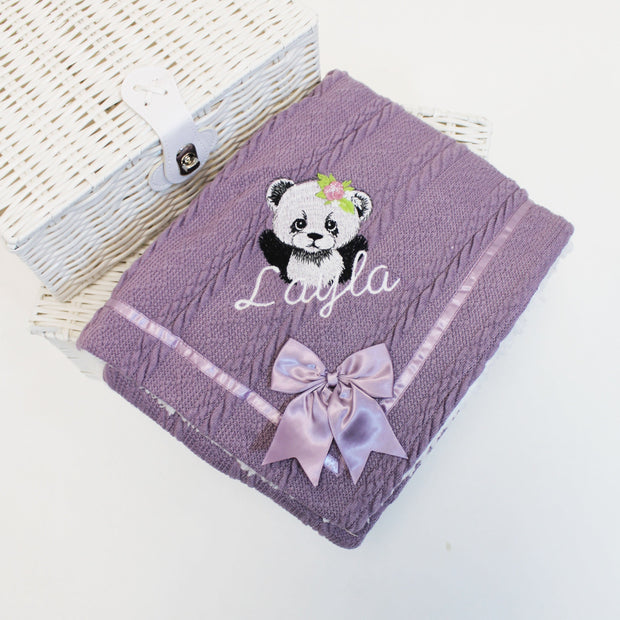 Floral Panda Chevron Knit & Satin Bow Personalised Blanket - Various Coloured Blankets