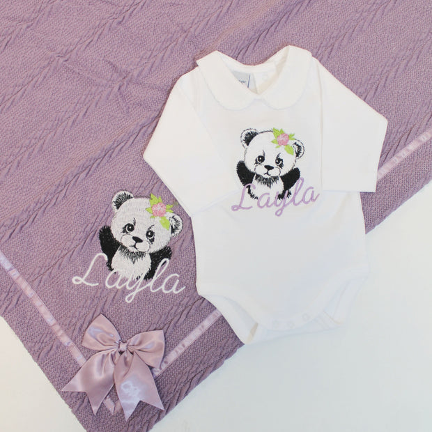 Floral Panda Embroidered Personalised Babygrow