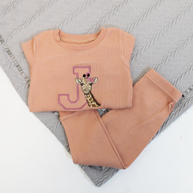 Initial & Animal with Hair Bow Embroidered Personalised Ribbed Loungeset (Various Colour Sets)