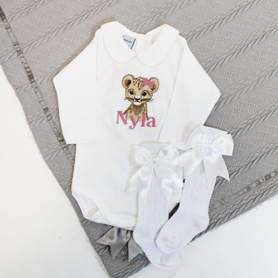 Embroidered Lion Cub Hair Bow Personalised Babyvest