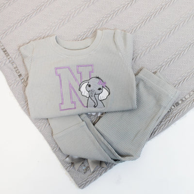 Initial & Animal with Hair Bow Embroidered Personalised Ribbed Loungeset (Various Colour Sets)