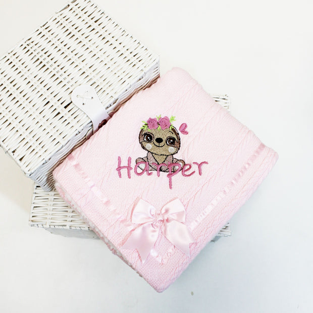 Floral Sloth Chevron Knit & Satin Bow Personalised Blanket - Various Coloured Blankets