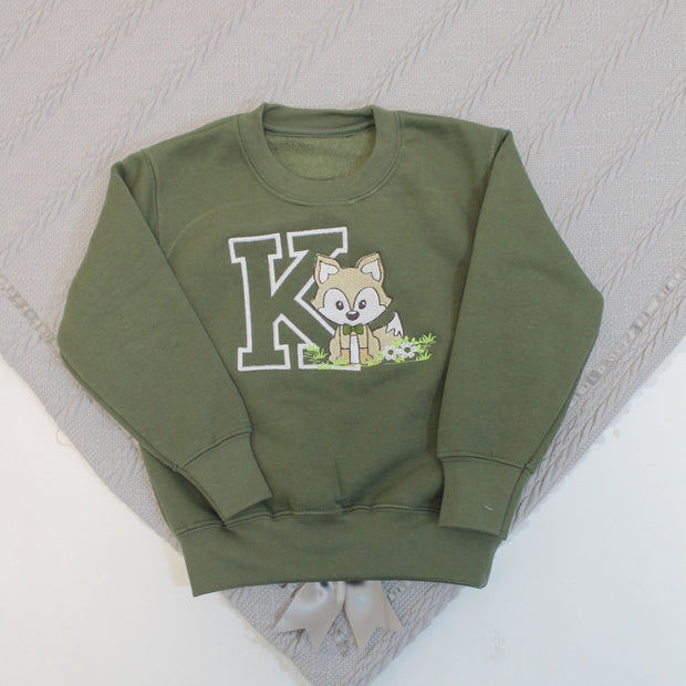 Initial & Fox With Bow Tie Personalised Embroidered Jumper (Various Coloured T-Shirt & Animals)