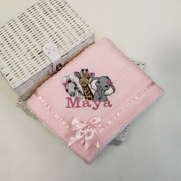 Trio of Animals with HAIR BOW Chevron Knit & Satin Bow Personalised Blanket - Various Coloured Blankets