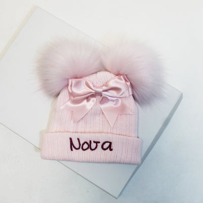 Pink Bow Double Faux Fur Pom Hat (With or Without Personalisation)