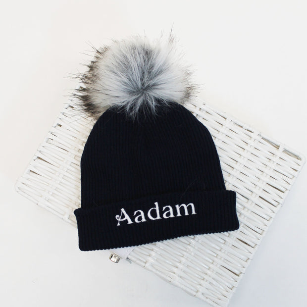 Navy Blue & Grey Single Faux Fur Pom Hat (With or Without Personalisation)