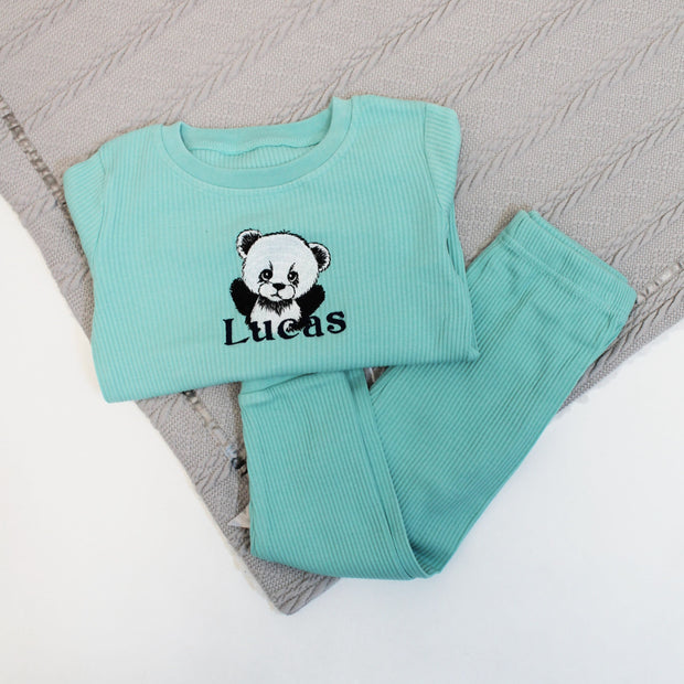 Panda Embroidered Personalised Ribbed Loungeset (Various Colour Sets)