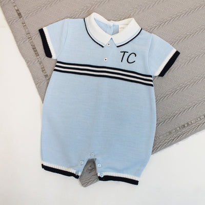Baby Blue, White & Navy Knit Romper - Can be personalised
