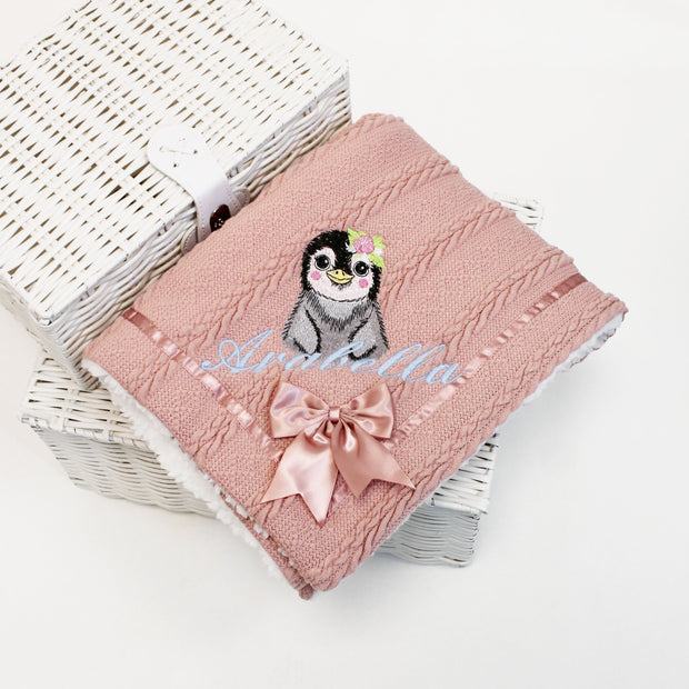 Floral Penguin Chevron  Knit & Satin Bow Personalised Blanket - Various Coloured Blankets