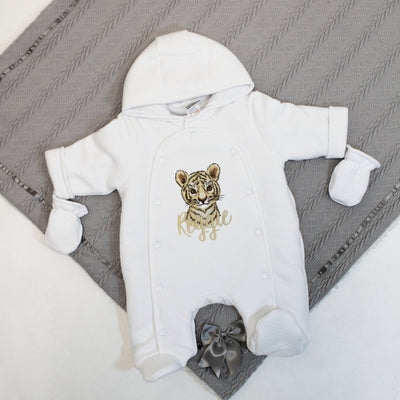 Personalised Embroidered Quilted Hooded Pram suit with detachable Mittens - Various Animal Options