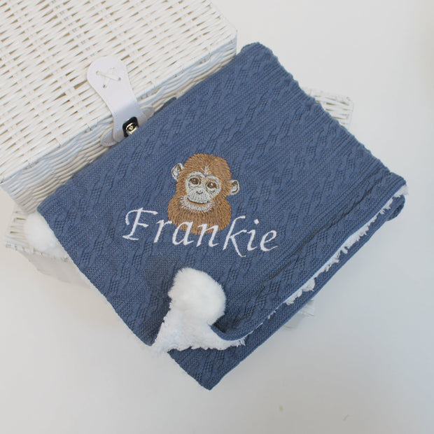 Monkey Personalised Embroidered Chevron Pom Blanket - Various Coloured Blankets