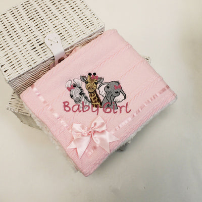 'Baby & Name' Trio of Animals with HAIR BOW Chevron Knit & Satin Bow Personalised Blanket - Various Coloured Blankets