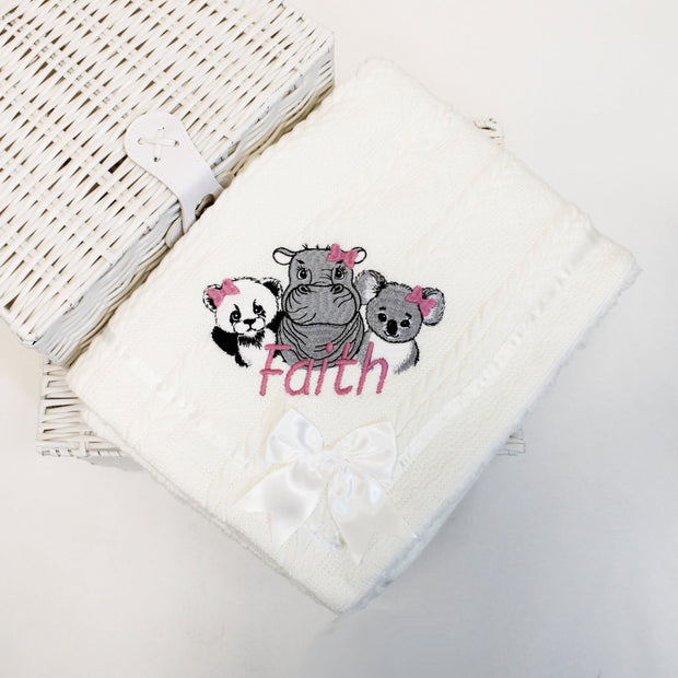 Panda, Hippo and Koala with HAIR BOW Chevron Knit & Satin Bow Personalised Blanket - Various Coloured Blankets
