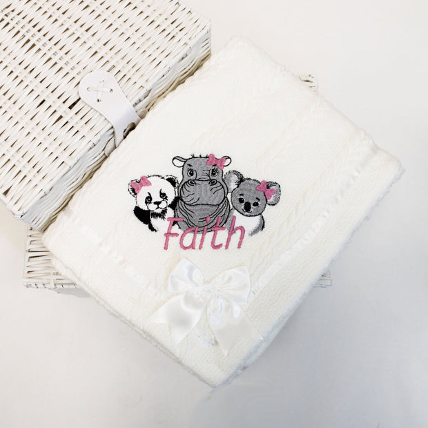 Panda, Hippo & Koala with HAIR BOW Chevron Knit & Satin Bow Personalised Blanket - Various Coloured Blankets