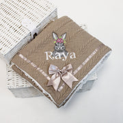 Grey Bunny Chevron Knit & Satin Bow Personalised Blanket - Various Coloured Blankets