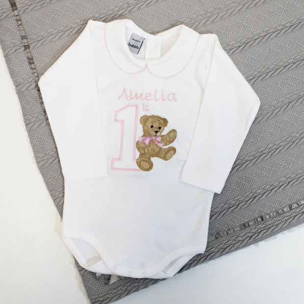 Birthday Embroidered Personalised Babyvest - Pink Vintage Teddy