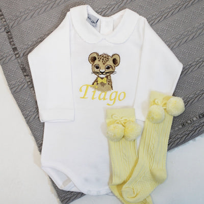 Spring Lion Cub with lemon BOW TIE Embroidered Personalised Babygrow