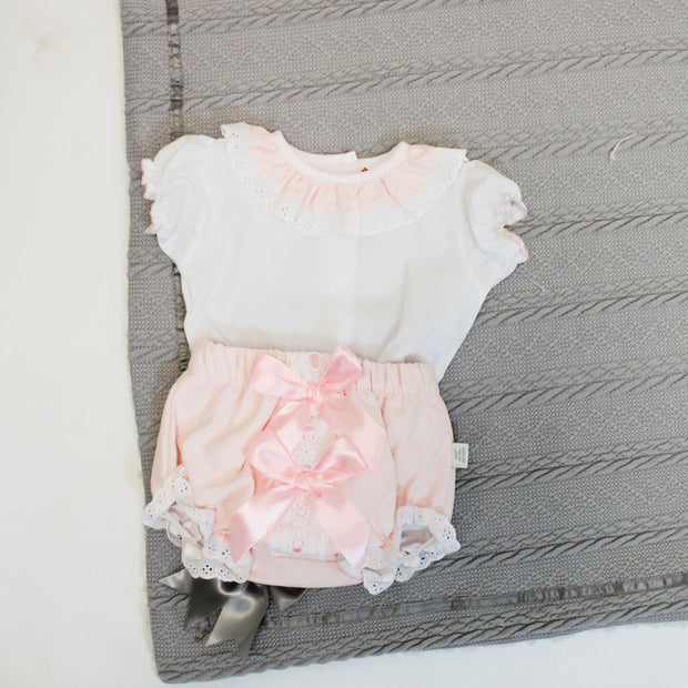 Pink Bow Detail Bloomers & Frill Collar Shirt