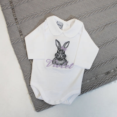 Grey Bunny with Hair Bow Embroidered Personalised Babygrow