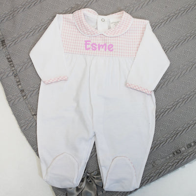 White & Pink Checkered Cotton Sleepsuit (Can be Personalised)