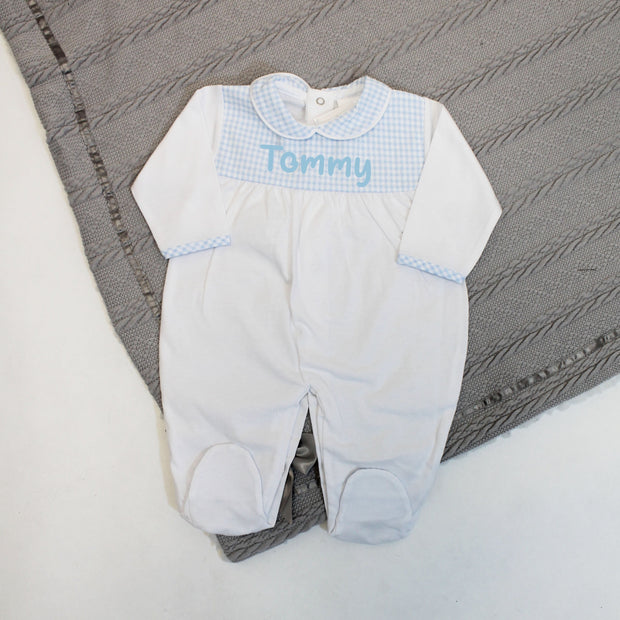 White & Blue Checkered Cotton Sleepsuit (Can be Personalised)