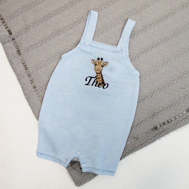 Embroidered Blue Short Knit Dungarees - Giraffe
