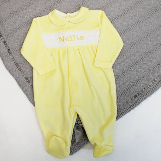 Yellow Velour Smoked Sleepsuit (Can be Personalised)