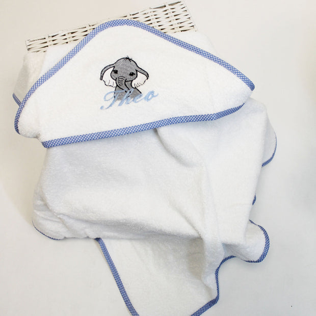 Personalised Embroidered Blue Trim Hooded Towel  - Various Animals
