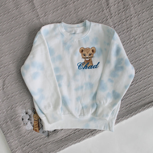 Baby Blue Tie Dye Animal Personalised Embroidered Jumper (Various Animals)