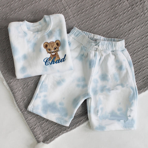 Baby Blue Tie Dye Animal Personalised Embroidered Jumper & Shorts (Various Animals)