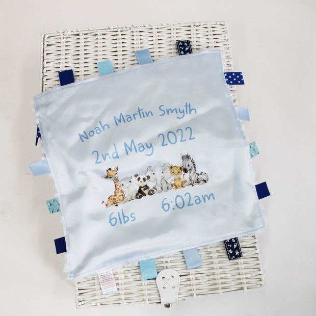 Blue Taggie Minky Personalised Comforter - Printed Safari Design