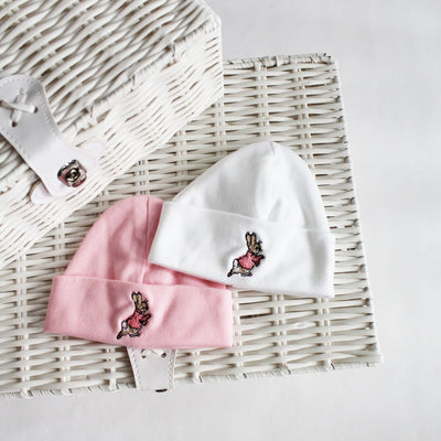 Newborn Rabbit Embroidered Cotton Hats - Pink Or White