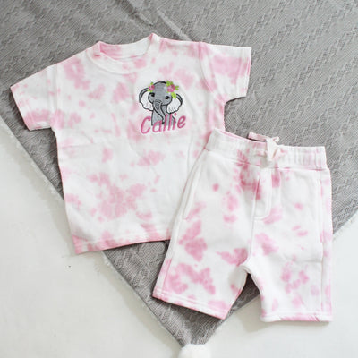 Pink Tie Dye Floral Animal Personalised Embroidered T-Shirt & Shorts (Various Animals)