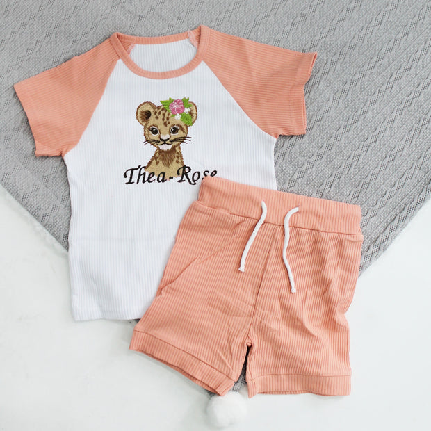 Floral Animal Short Sleeved Embroidered Personalised Ribbed T-Shirt & Shorts (Various Colour Sets)