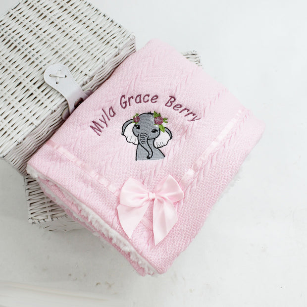2-3 NAMES FLORAL Animal Chevron Knit & Satin Bow Personalised Blanket - Various Animals & Colour Blankets