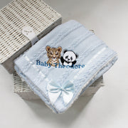 'Baby & Name' Duo Animals Chevron Knit & Satin Bow Personalised Blanket - Various Coloured Blankets