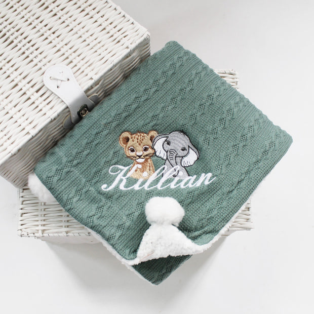 Duo Animals Chevron Knit POM Personalised Blanket - Various Coloured Blankets